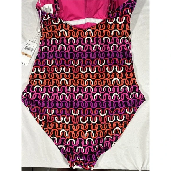 NWT $172‎ Trina Turk [ 12 ] Echo Scoop Neck One Piece Swimsuit Pink Black 6938 - Picture 8 of 9